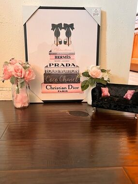 Prada Stacked Couture Books Art Print in Pink and Black